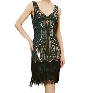 NWT BABEYOND Emerald & Gold Sequin Flapper Holiday Party Dress 3X-5XL Fringe